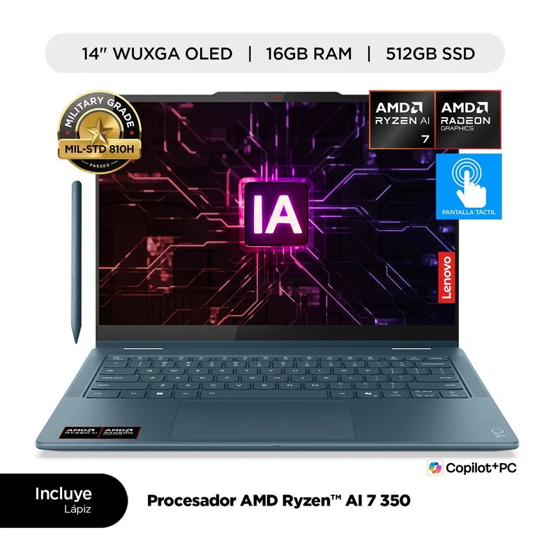 LENOVO - Laptop Lenovo Yoga 7 2 en 1 14" WUXGA OLED touch AMD Ryzen AI 7 350 16GB DDR5 512GB SSD, Windows 11, Lápiz