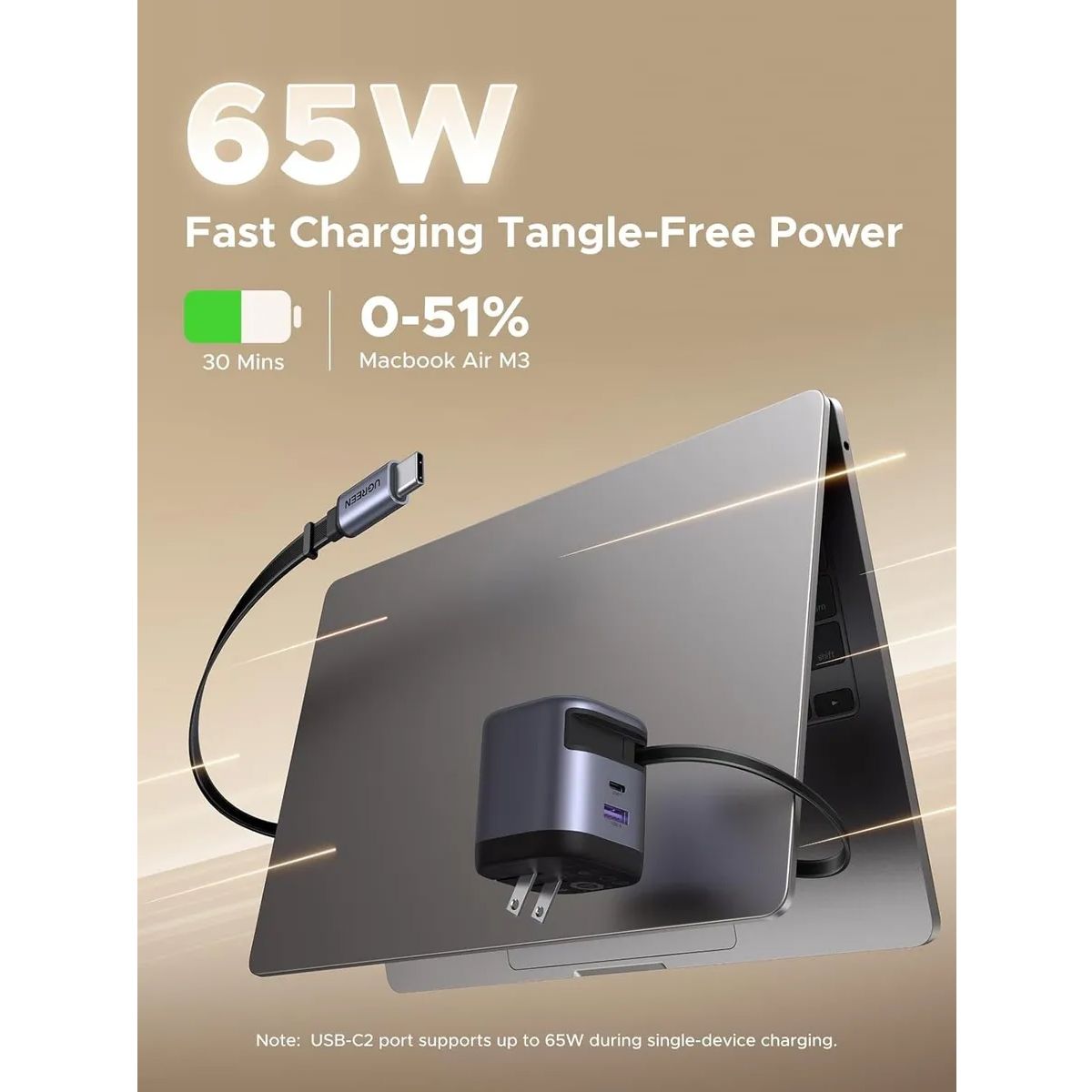 UGREEN - Cargador Ugreen X615 Nexode Gan 65W GAN Con Cable Retractil
