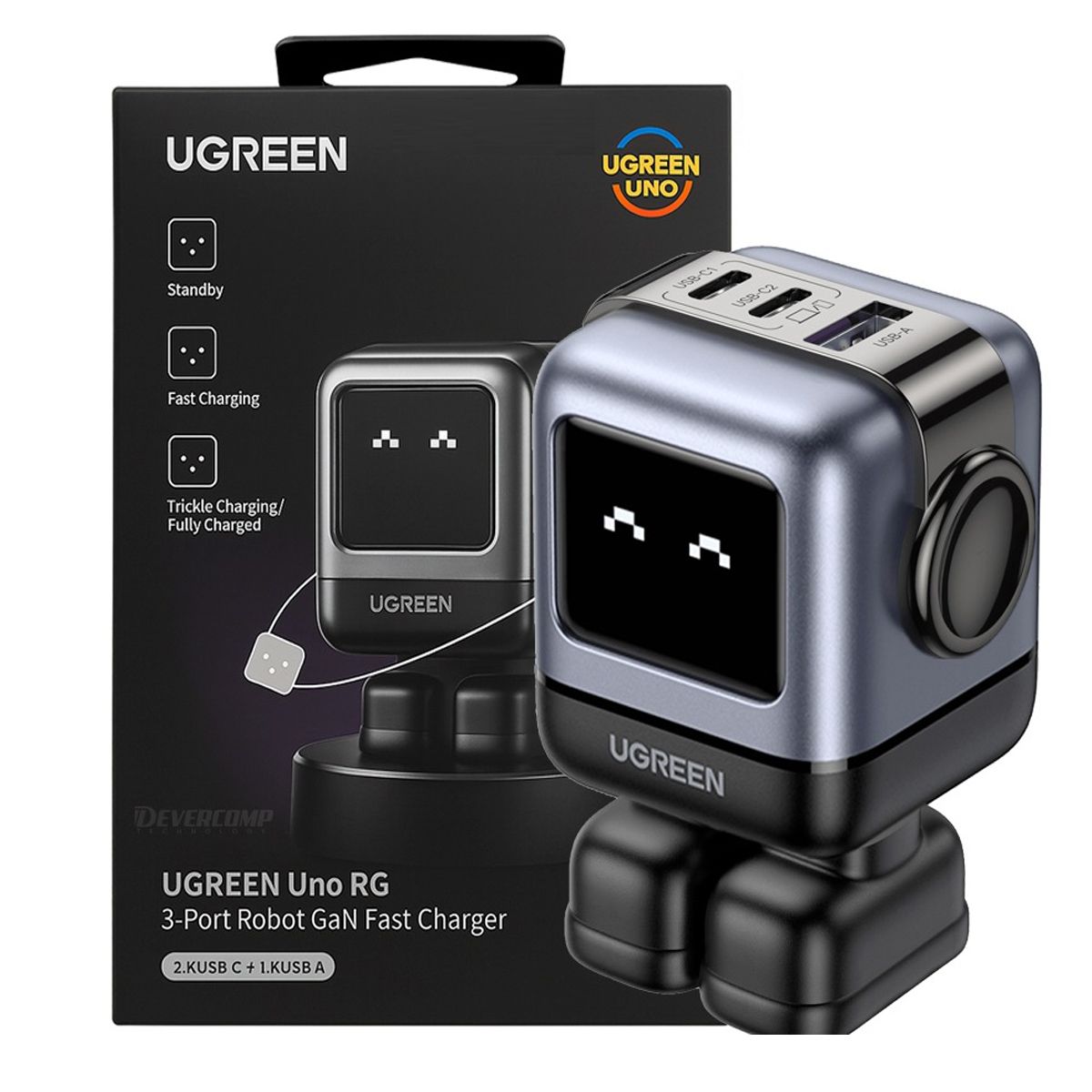UGREEN - Cargador USB-C Ugreen CD361 Robot 65w Multipuerto Nexode Negro
