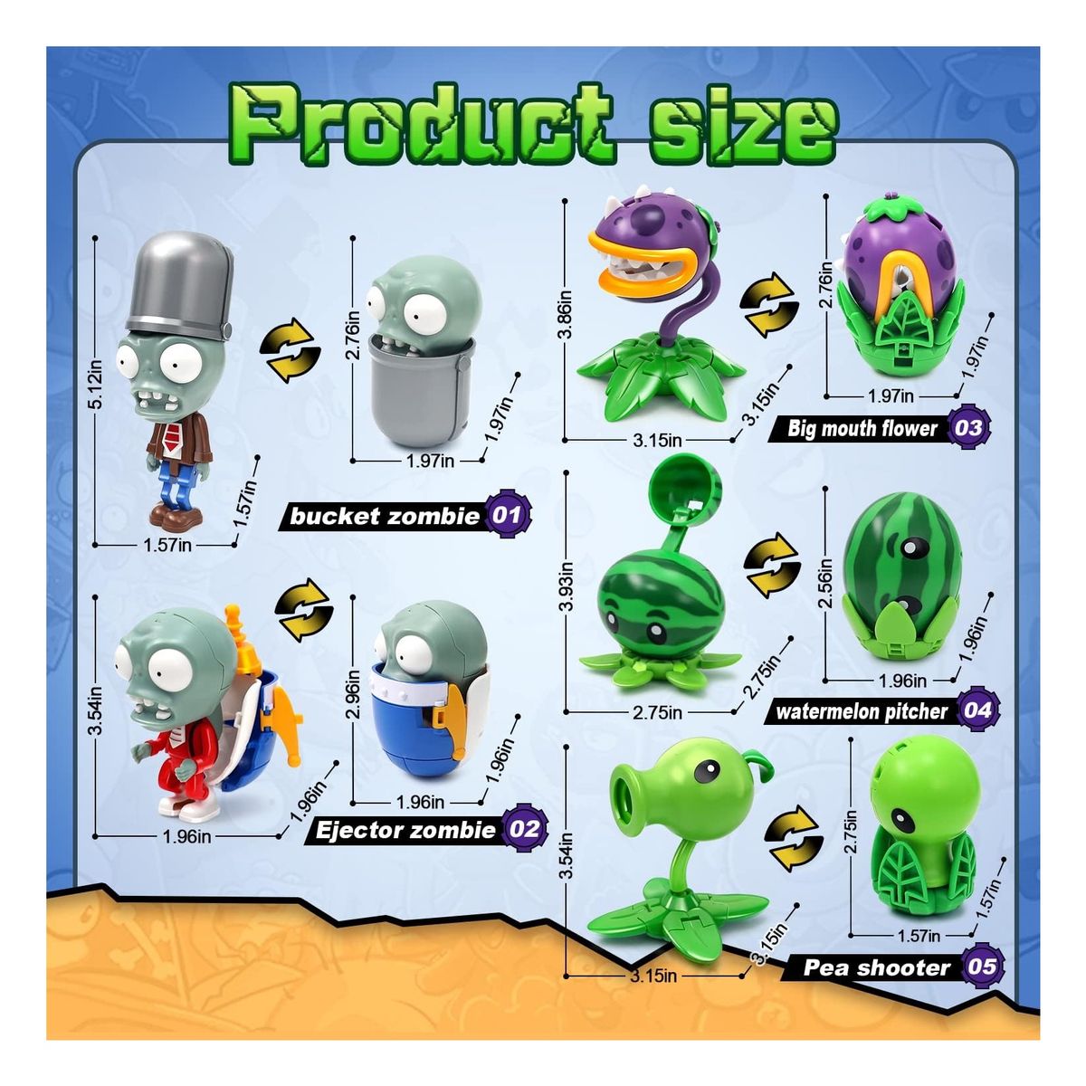 GENERICO - Set 5 Figuras Transformables de Plantas vs Zombies