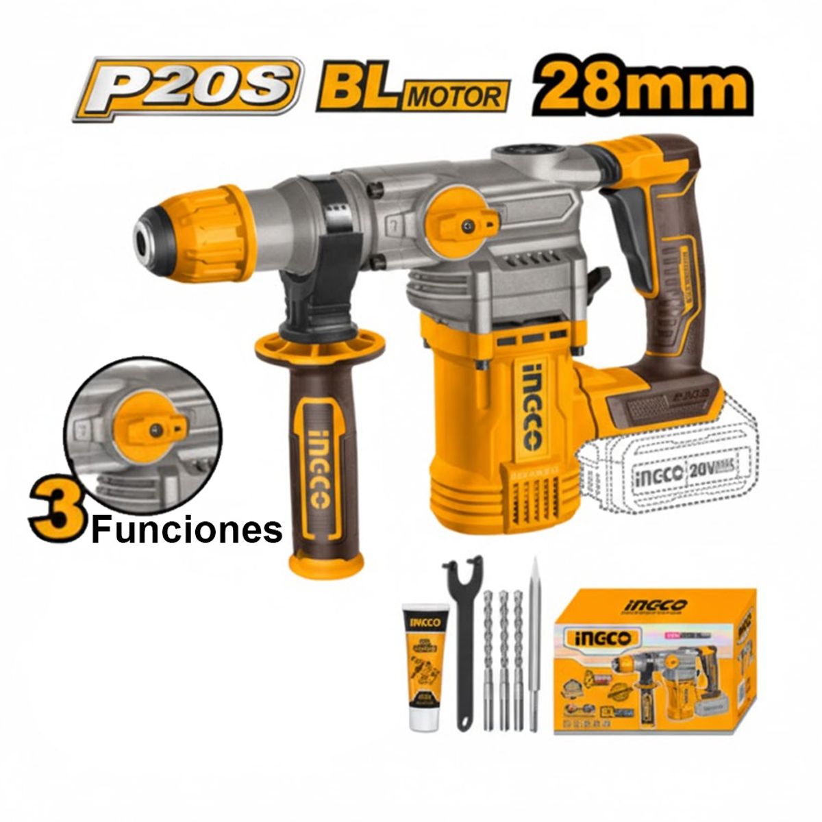 INGCO TOOLS - ROTOMARTILLO BRUSHLESS INGCO 20V 45J SDS PLUS CRHLI20288