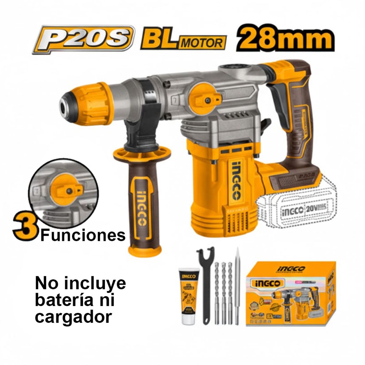 INGCO TOOLS - ROTOMARTILLO BRUSHLESS INGCO 20V 45J SDS PLUS CRHLI20288