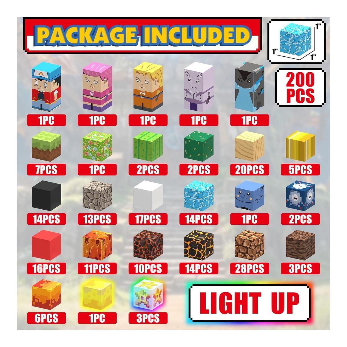 MAGNETI BLOCK - Set Bloques magnéticos Mundo Pokemon 200 PIEZAS con Luces