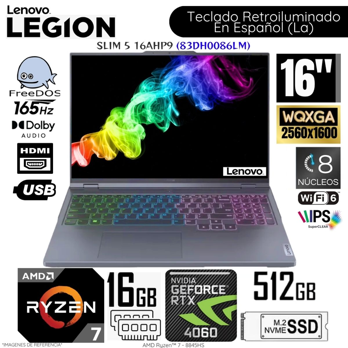 LENOVO - Laptop Lenovo Legion Slim 5 16AHP9 AMD Ryzen 7-8845HS 16GB RAM 512GB SSD 16"  WQXGA RTX4060-8GB 83DH0086LM