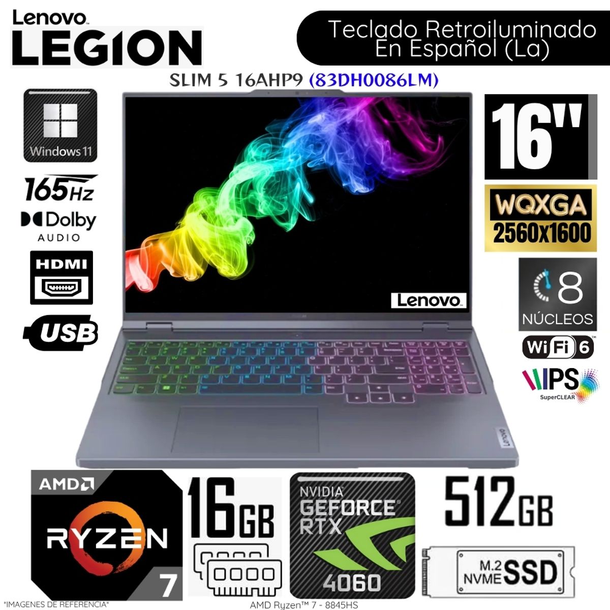 LENOVO - Laptop Lenovo Legion Slim 5 16AHP9 AMD Ryzen 7-8845HS 16GB RAM 512GB SSD 16"  WQXGA RTX4060-8GB 83DH0086LM