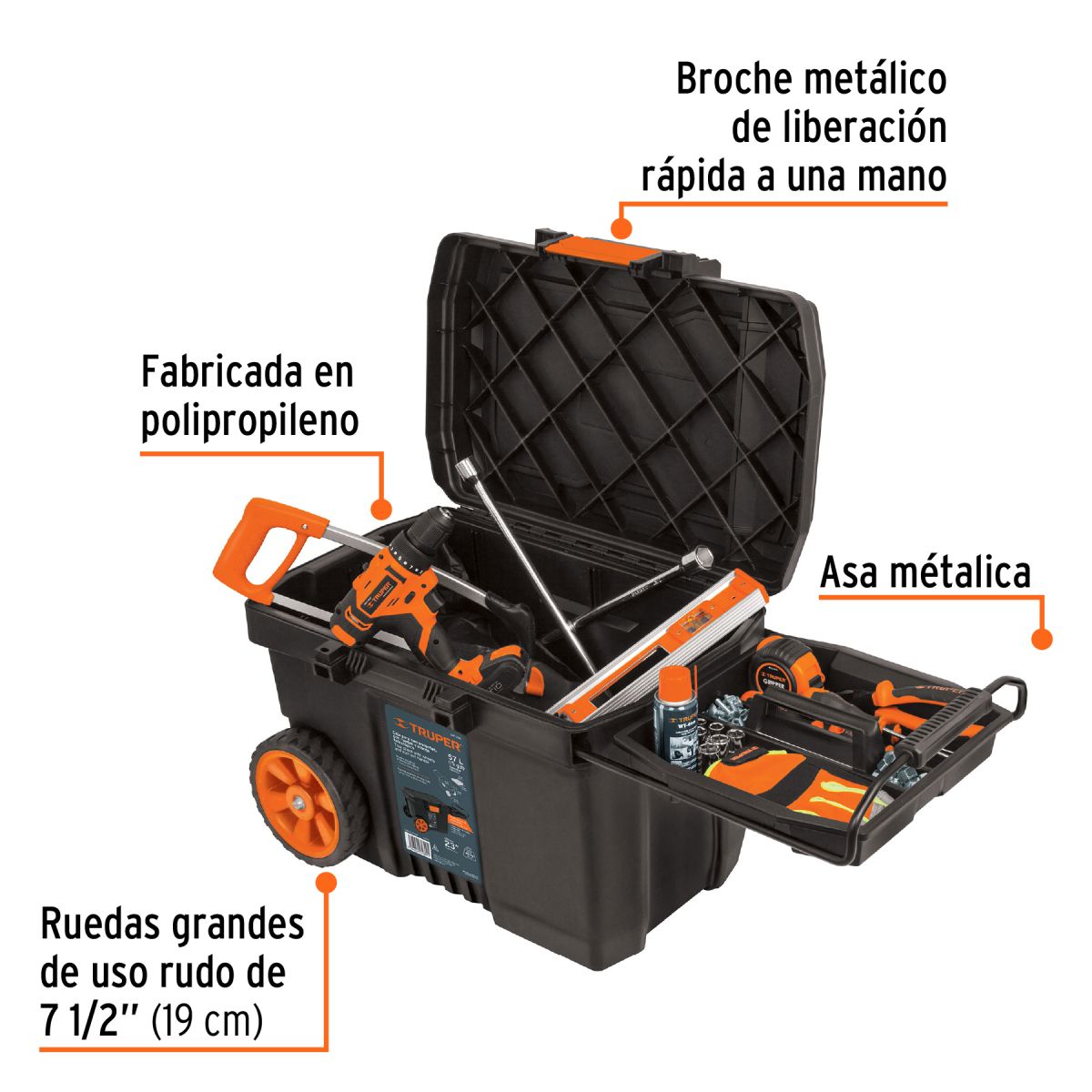 TRUPER - Caja para herramienta de 23 con ruedas y mango telescópico Truper