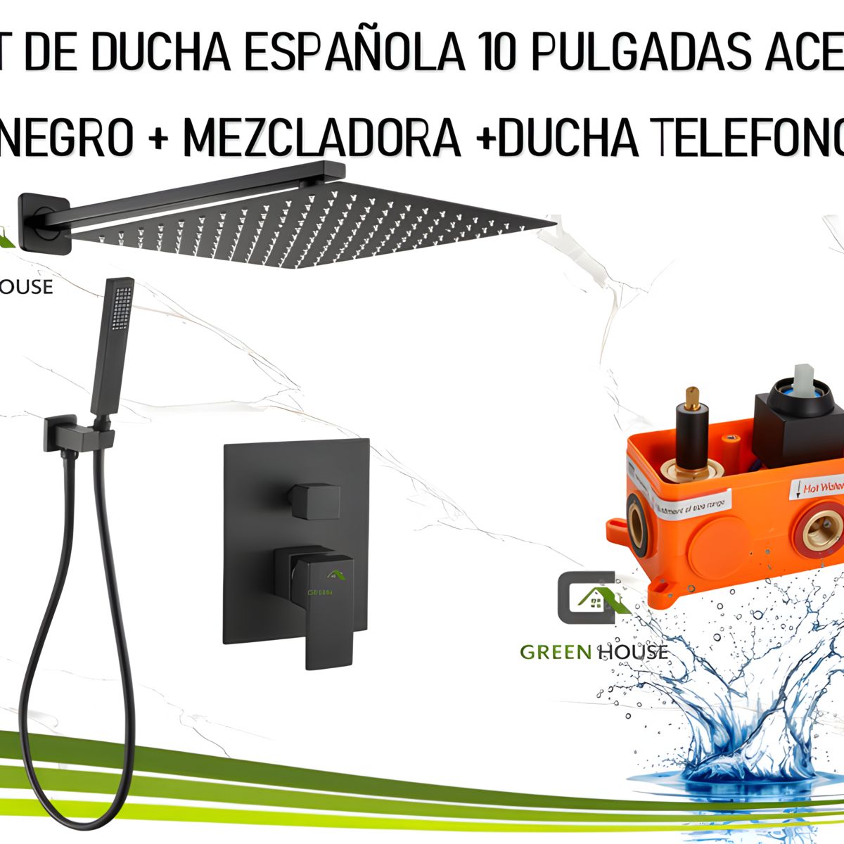 GREEN HOUSE - KIT DE DUCHA EUROPEO 10 PULGADAS + MEZCLADORA + DUCHA TELEFONO CUADRADO