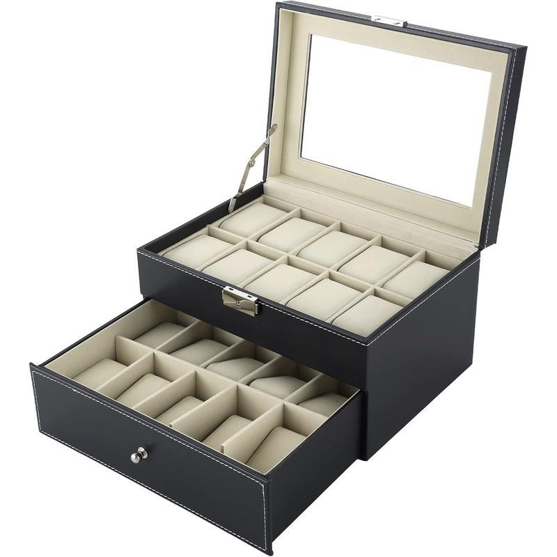 GENERICO - Porta Reloj de 2 Niveles PU con 20 Compartimientos para Reloj y Pulseras