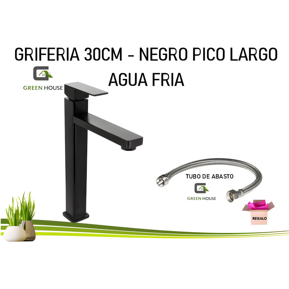 GREEN HOUSE - GRIFERIA DE LAVATORIO AGUA FRIA PICO LARGO 30CM NEGRO MATE
