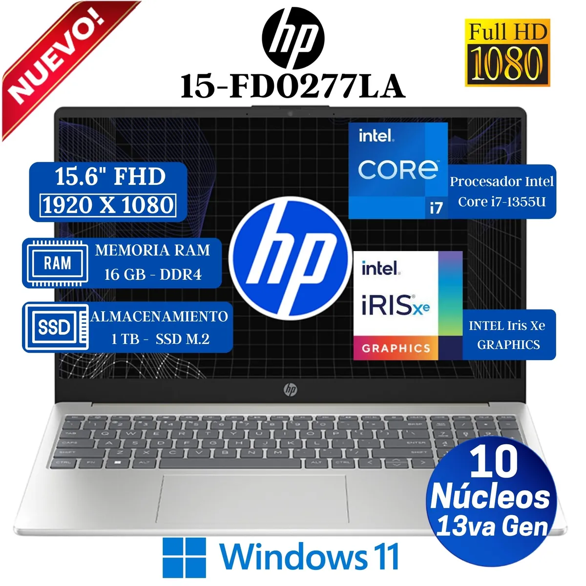 HP - Laptop HP 15-FD0277LA 15.6" FHD, Intel Core i7-1355U, 13va Gen, Ram 16GB, Ssd 1 TB, Win 11