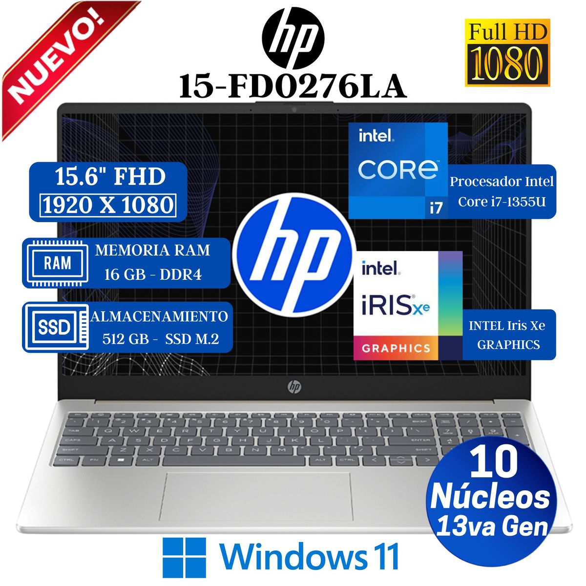 HP - Laptop HP 15-FD0276LA 15.6" FHD, Intel Core i7-1355U, 13va Gen, Ram 16GB, Ssd 512GB, Win 11