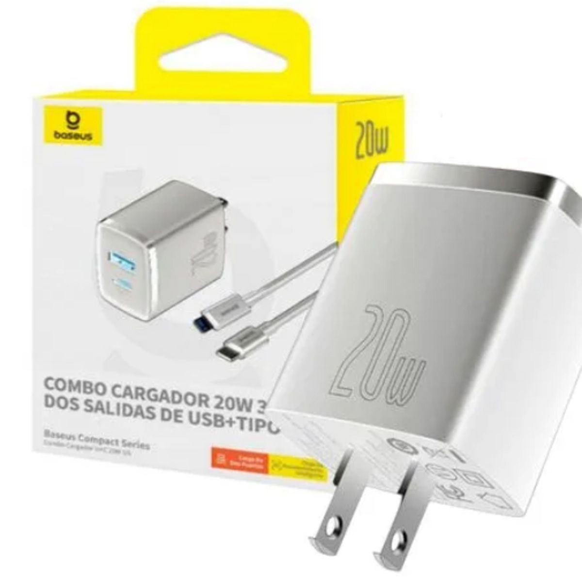 BASEUS - Cargador Carga Rápida PD20w Baseus Dual Usb + Cable Tipo C a Lightning Blanco