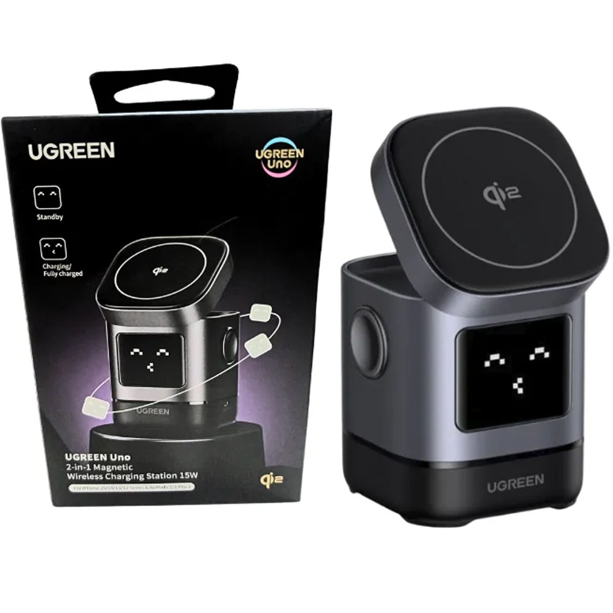 UGREEN - Cargador Inalambrico Ugreen Uno Robot Qi2 Magsafe 2 en 1 15W W709
