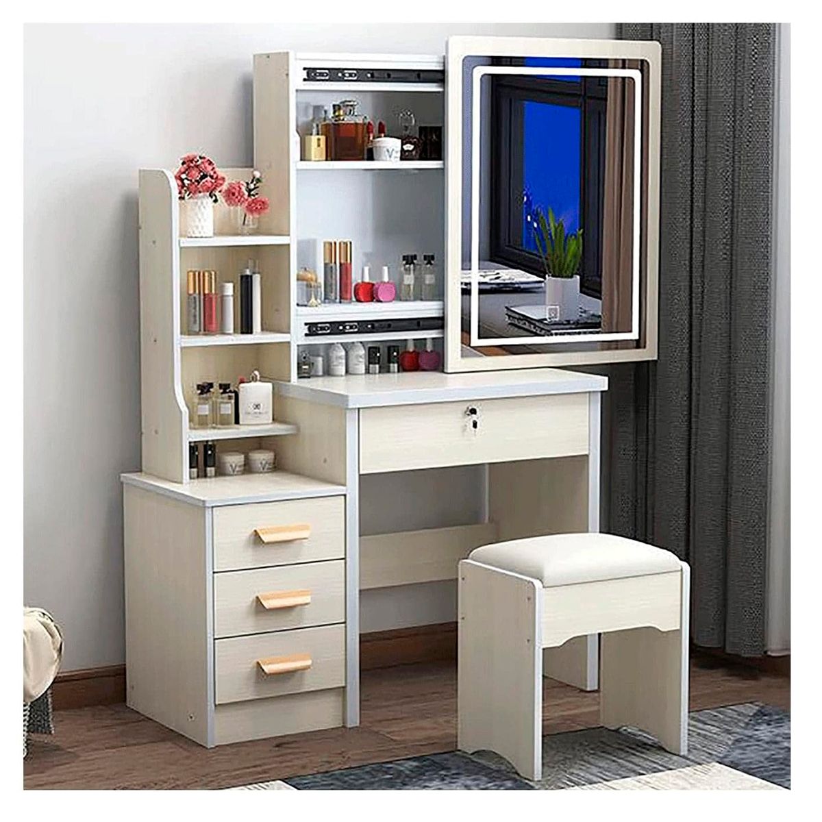 GENERICO - Tocador De Maquillaje Espejo Con Luz LED Taburete Para Dormitorio Beige