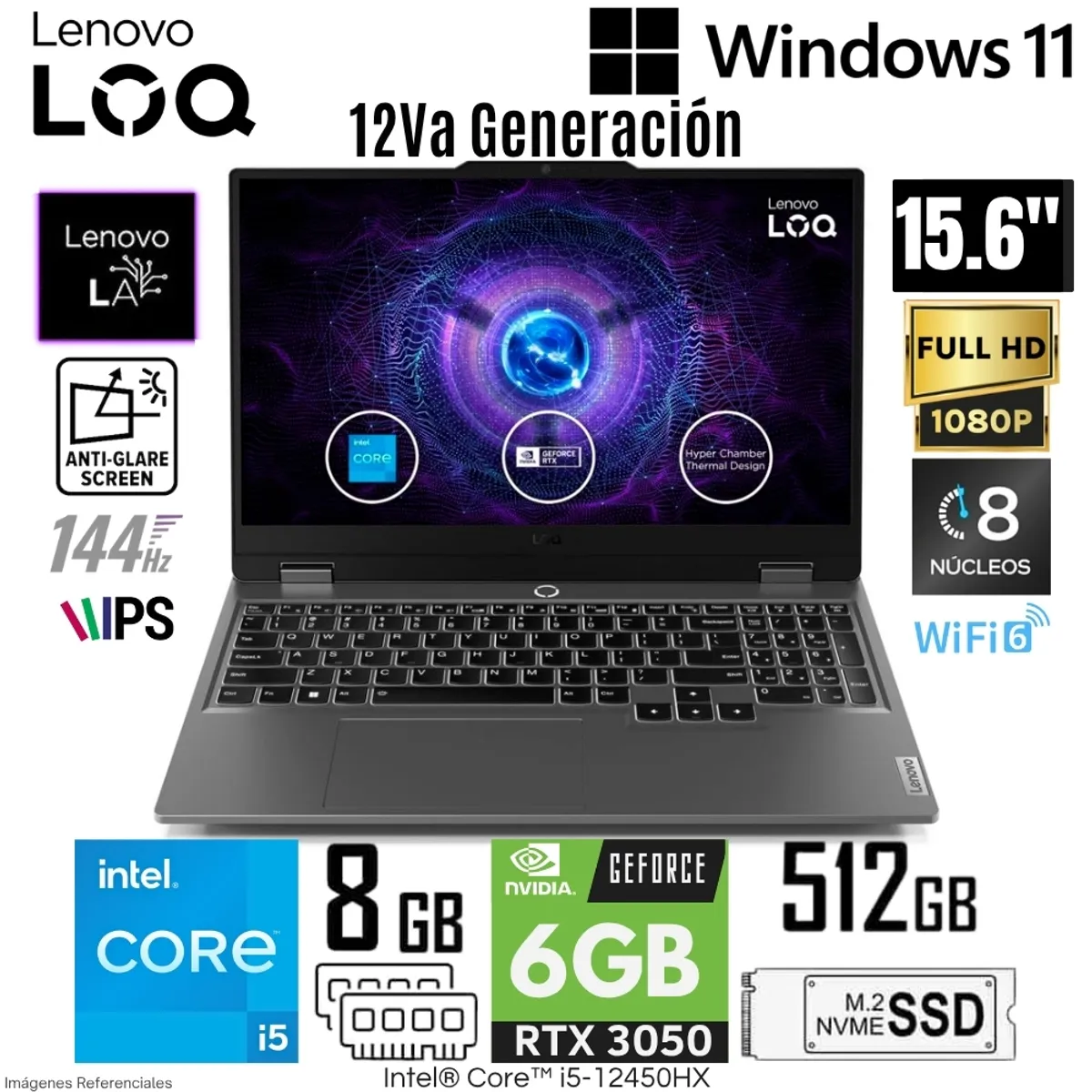 LENOVO - Laptop Lenovo LOQ Gaming 15IAX9 Intel Core i5-12450HX 8GB RAM 512GB SSD RTX 3050-6GB 15.6"  FHD 144Hz