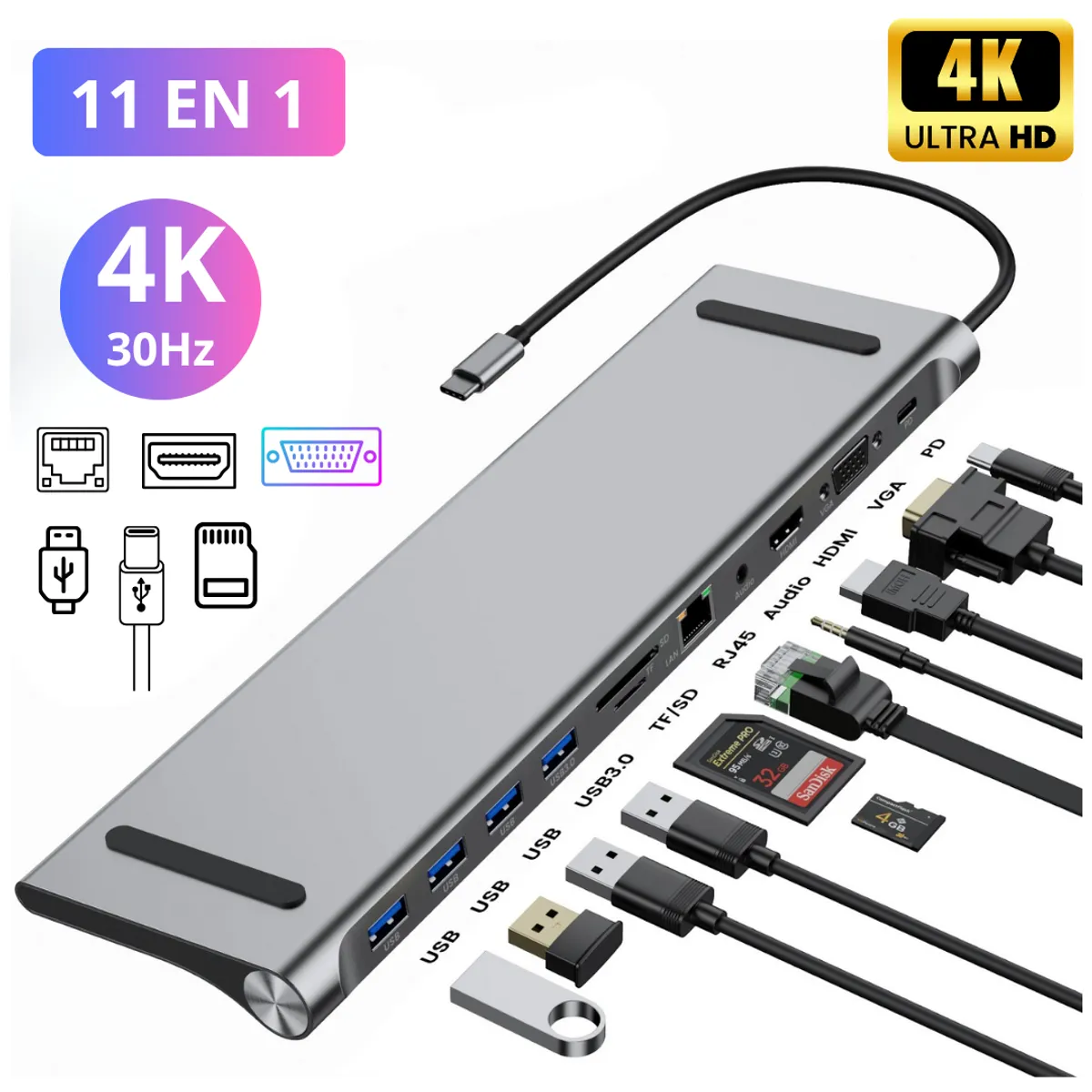 SEISA - Hub Adaptador 11 en 1 Type C 4K HDMI Ethernet USB 30 Lector de Memoria SDTF