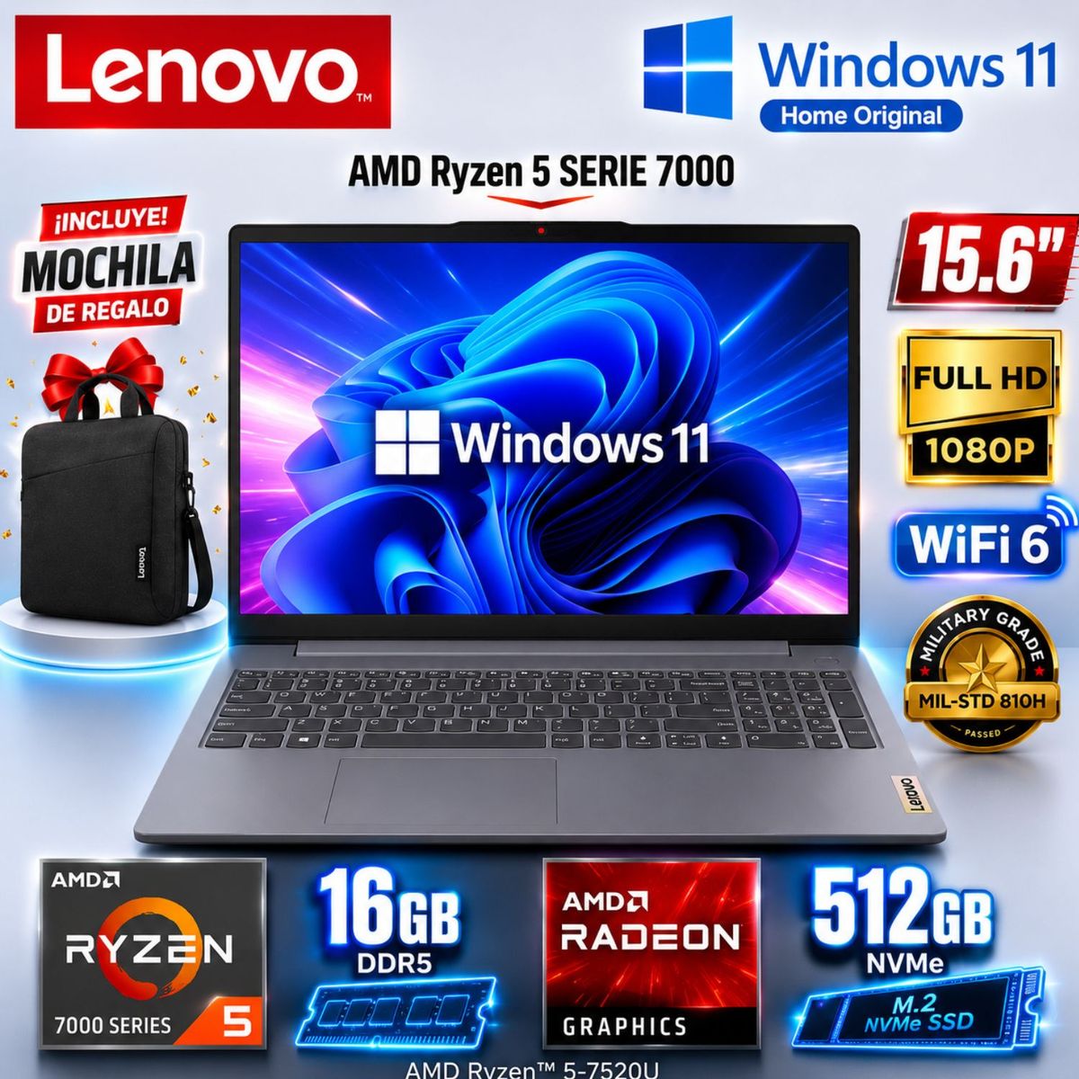 LENOVO - Laptop Lenovo IdeaPad Slim 3 AMD Ryzen 5 7520U 16GB RAM 512GB SSD 15.6"  FHD 82XQ00N6LM + Maletín