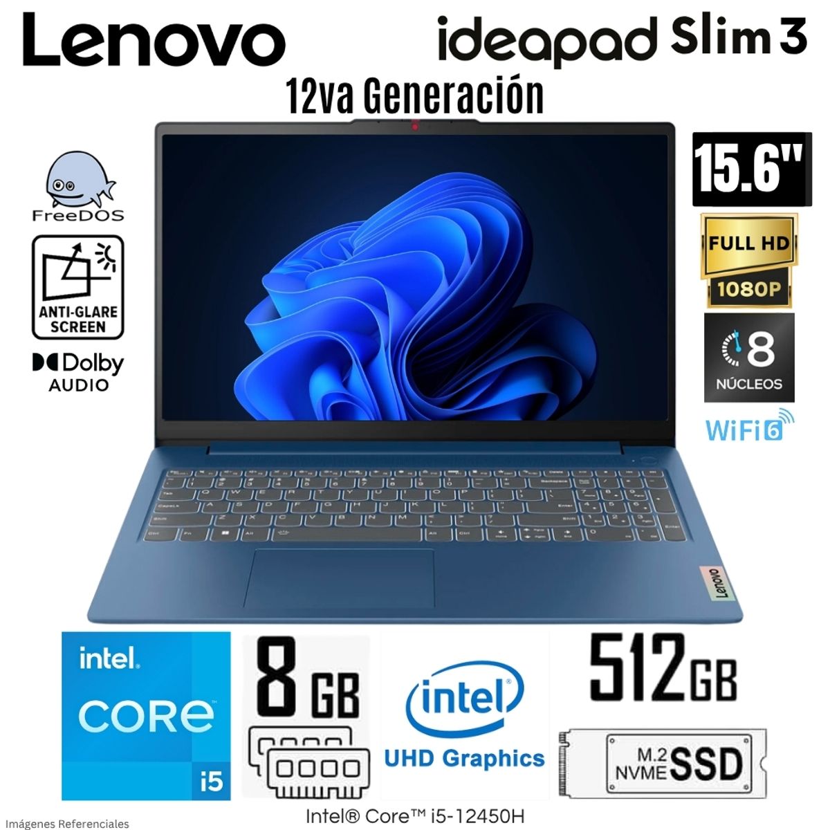 LENOVO - Laptop Lenovo Ideapad Slim 3 Intel Core i5-12450H 8GB RAM 512GB SSD 15.6" FHD Free Dos - 83ER001CLM