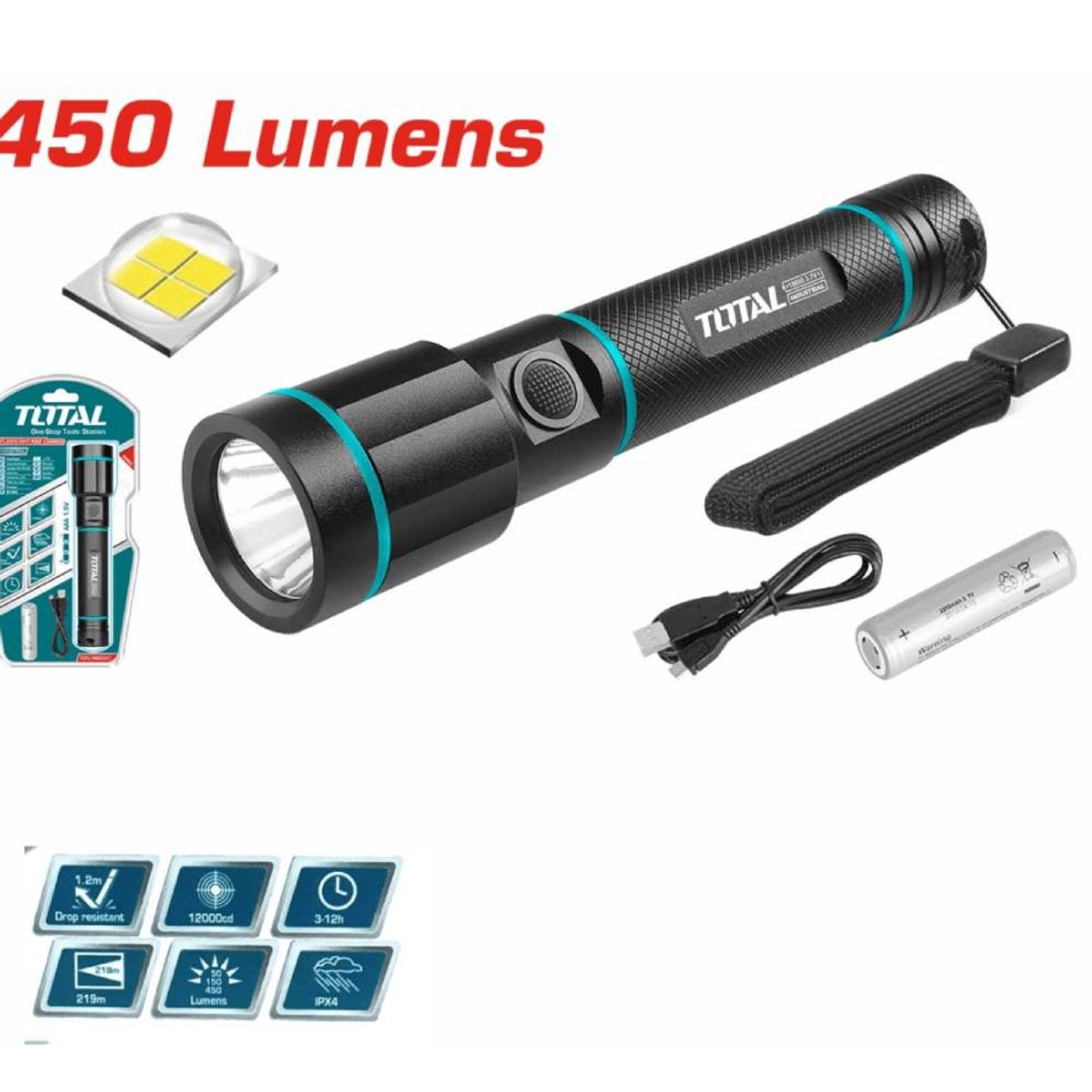 TOTAL - Linterna de mano de aluminio 450 lm total - MEGA IMPOT