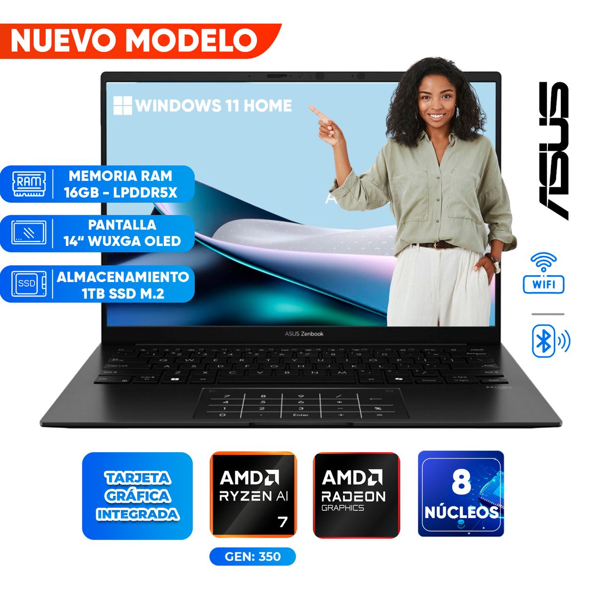 ASUS - Laptop Asus Zenbook 14, AMD RYZEN AI 7 350, 16GB LPDDR5x, 1TB SSD, 14 PULG WUXGA OLED