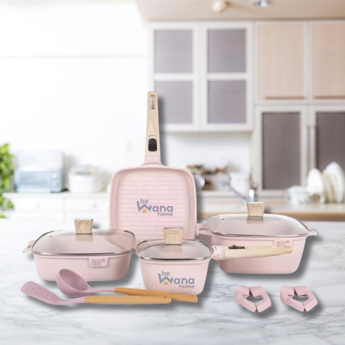 OEM - Set De Ollas Roca Volcanica Antiadherente 11pcs PINK  MGC