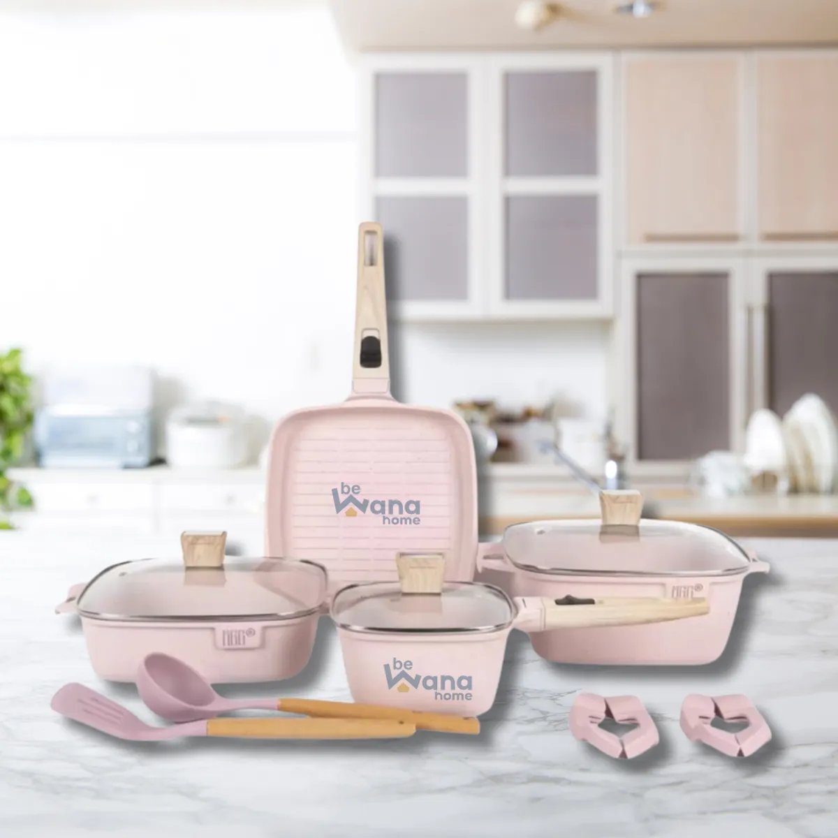 OEM - Set De Ollas Roca Volcanica Antiadherente 11pcs PINK  MGC