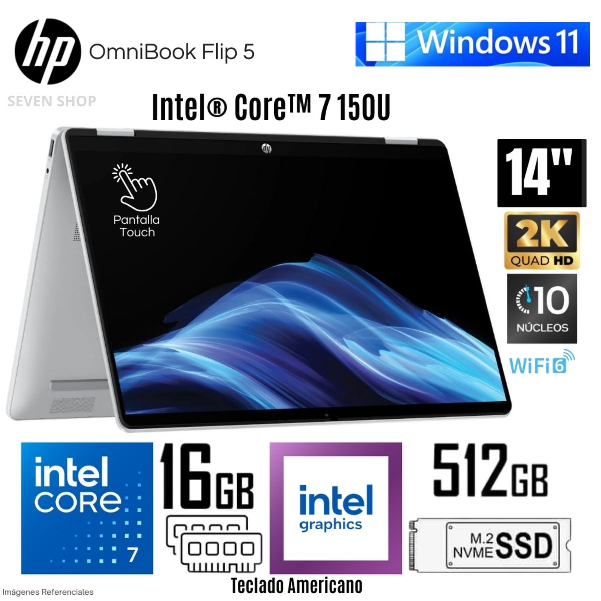 HP - Laptop HP OmniBook 5 Flip 14-FP0023DX  Intel Core 7 150U 16GB RAM 512GB SSD 14"  2K Touch - Silver