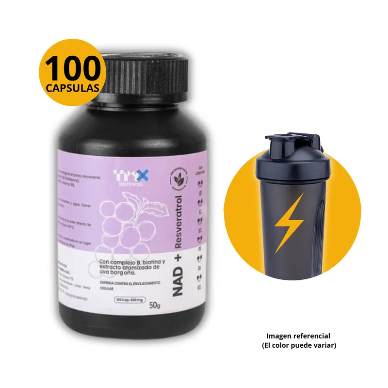 GENERICO - NAD + RESVERATROL CON COMPLEJO B Y BIOTINA TMX 100 CAPSULAS UVA BORGOÑA + SHAKER