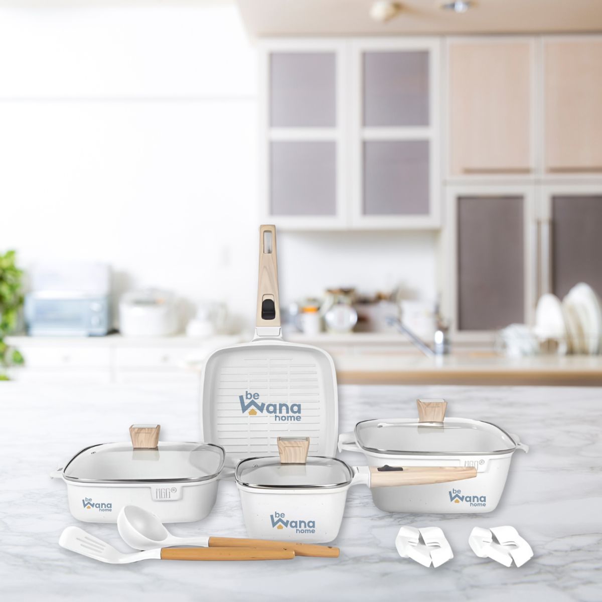 OEM - Set De Ollas Roca Volcanica Antiadherente 11pcs WHITE  MGC