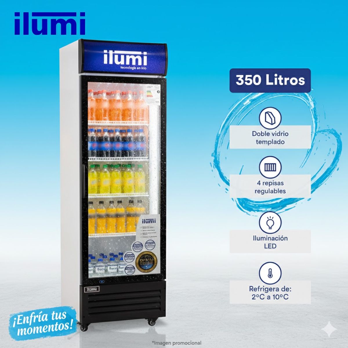 ILUMI - Exhibidor Ilumi Vertical 350Lt 1 Puerta Vidrio BC-3500BK - Negro