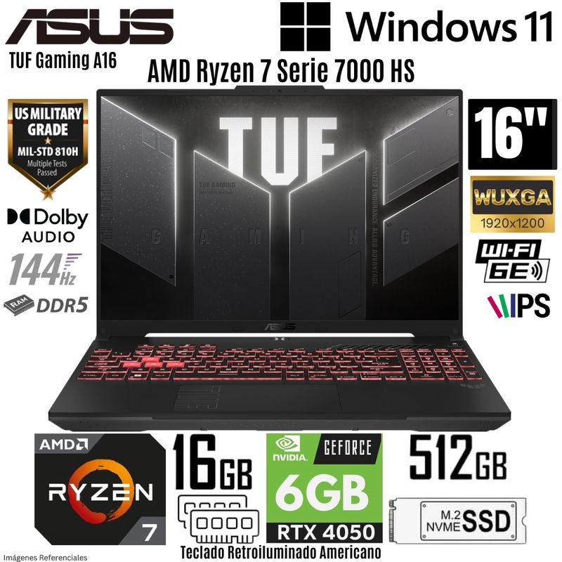 ASUS - Laptop Asus TUF A16 FA607NUG-WH73 AMD Ryzen 7 7445HS 16GB RAM 512GB SSD RTX 4050-6GB 16"  WUXGA 144Hz