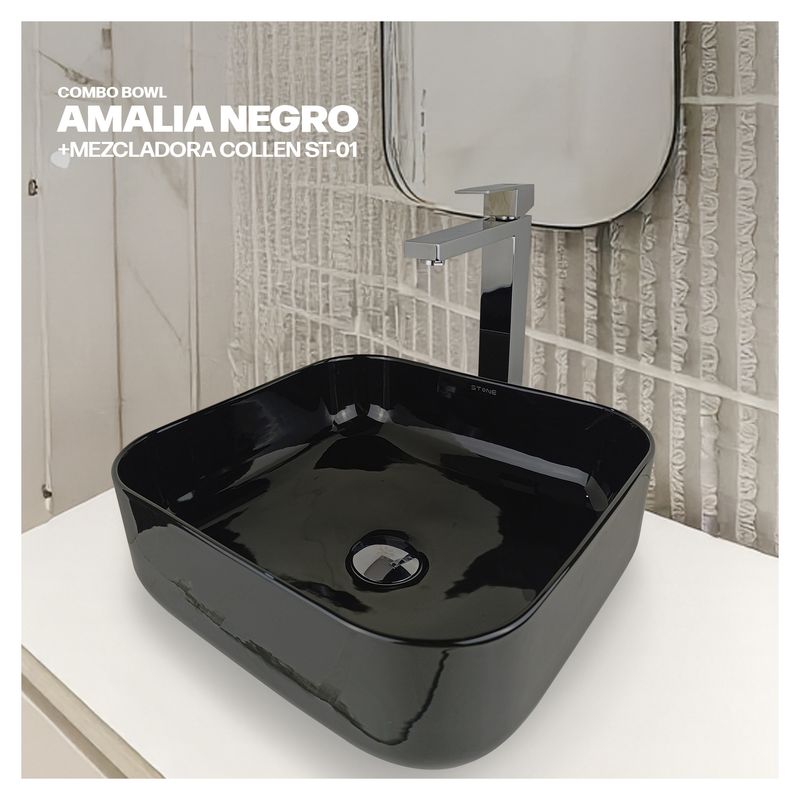 STONE - COMBO AMALIA NEGRO + MEZCLADORA COLLEN ST-01 + DESAGUE POP UP BLACK