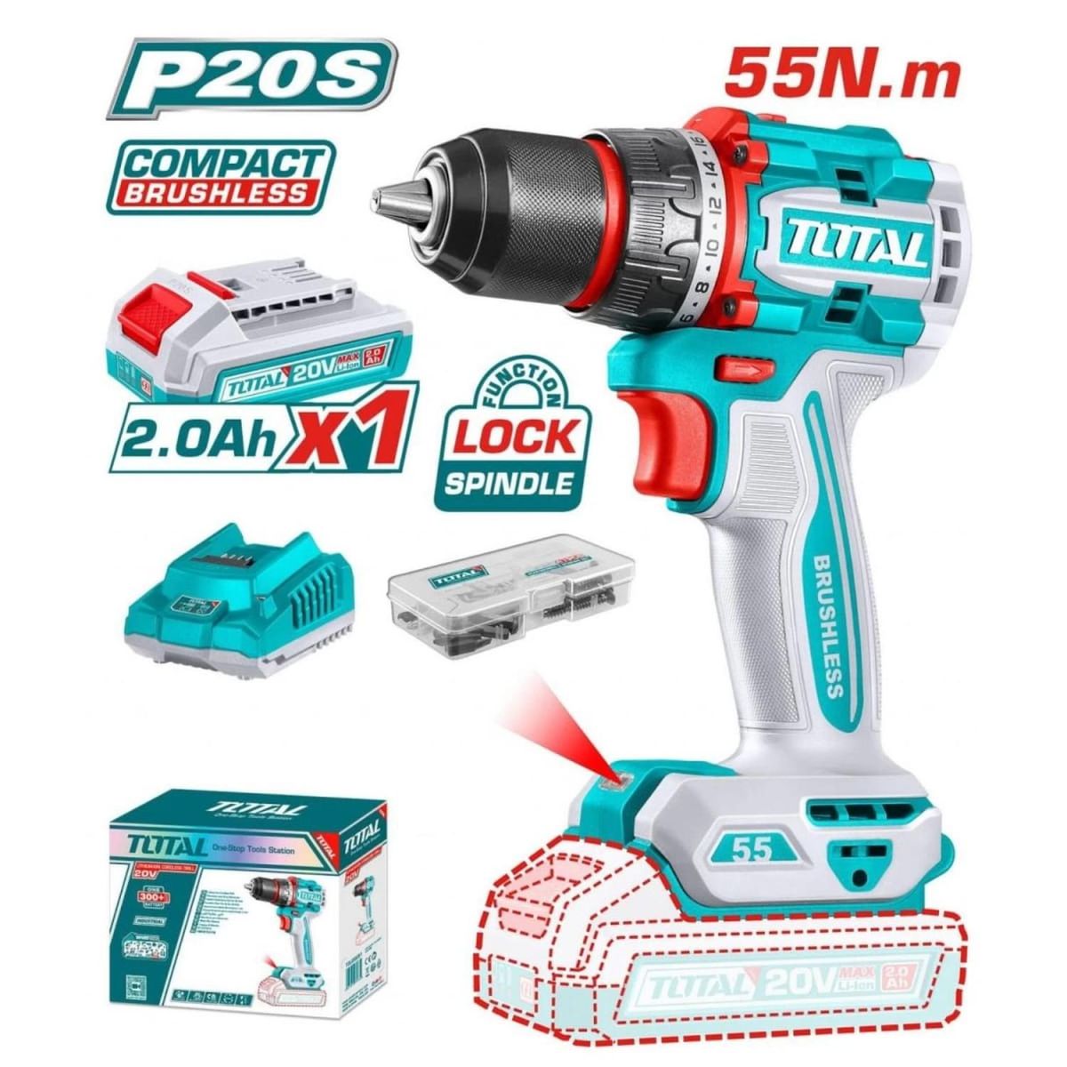 TOTAL TOOLS - Taladro Atornillador 55nm + Accesorios + Bateria y Cargador 20v Total