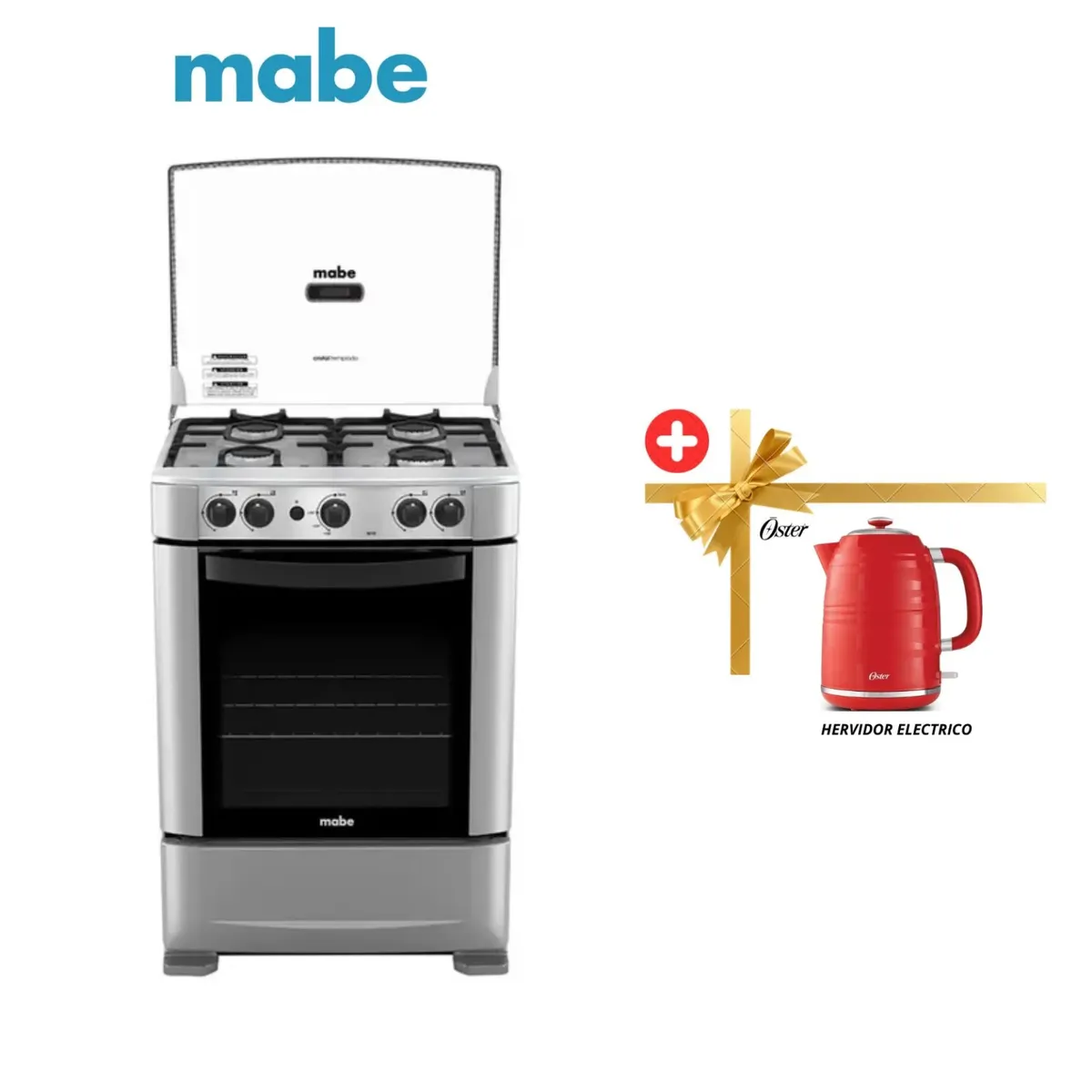 MABE - Cocina Mabe 4 Hornillas a Gas Acero Inoxidable CMP6014AG0 Silver + Hervidor Oster