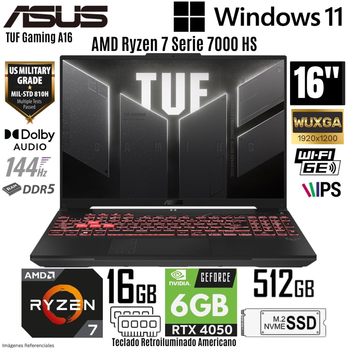 ASUS - Laptop Asus TUF A16 FA607NUG-WH73 AMD Ryzen 7 7445HS 16GB RAM 512GB SSD RTX 4050-6GB 16"  WUXGA 144Hz