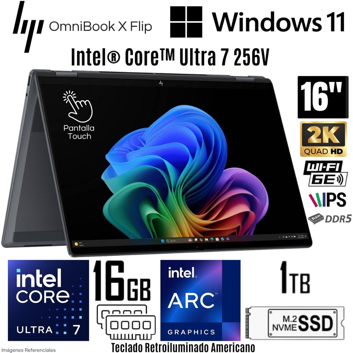 HP - Laptop HP OmniBook X Flip 16-AS0023DX Intel Core Ultra 7 256V 16GB RAM 1TB SSD 16"  2K Touch
