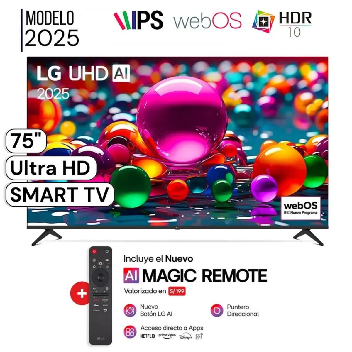 LG - Televisor LG 75 LED UHD 4K Smart TV ThinQ AI 75UA8000PSB + Magic Remote