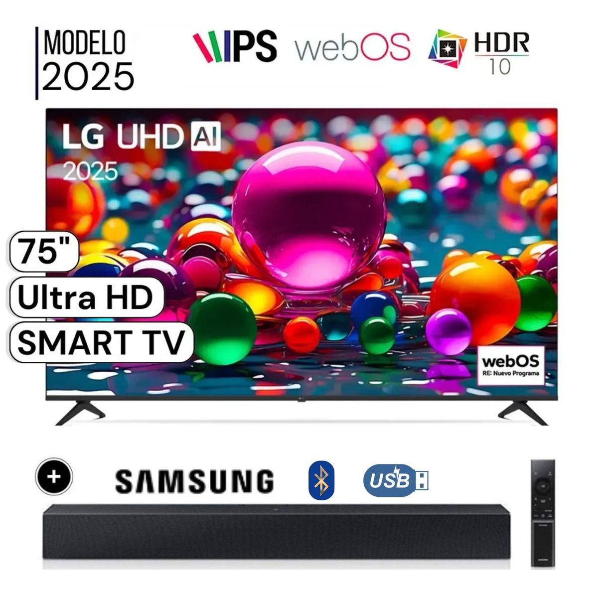 LG - Televisor LG 75 LED UHD 4K Smart TV ThinQ AI 75UA8000PSB + Soundbar HW-B400