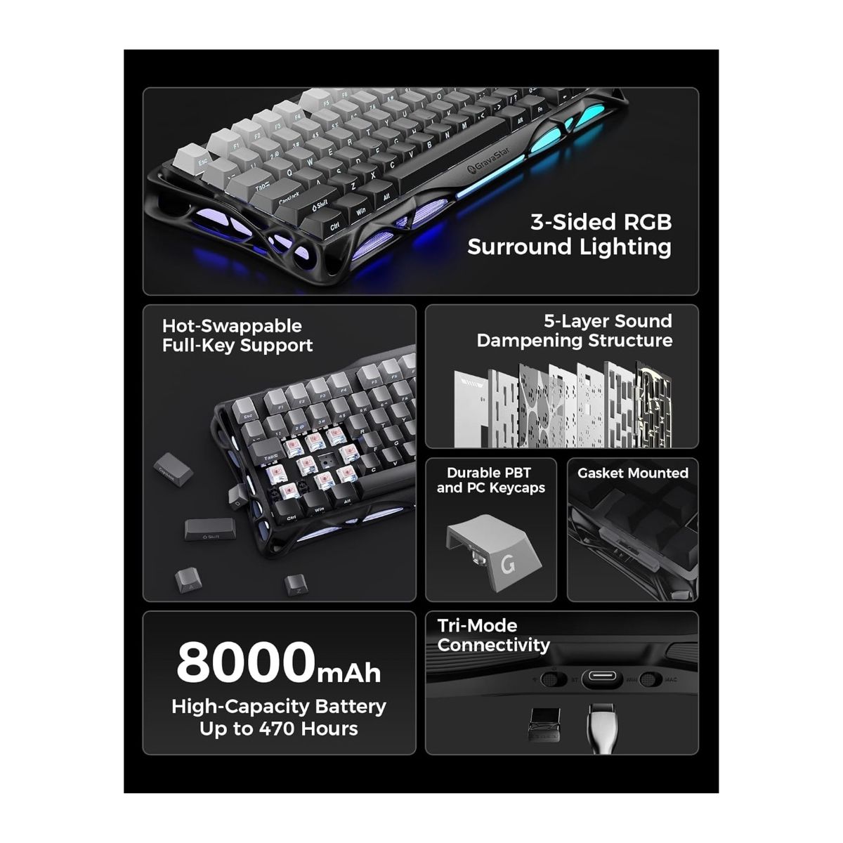 GRAVASTAR - Teclado Inalámbrico Mercury K1 75% GravaStar Black Grandiente