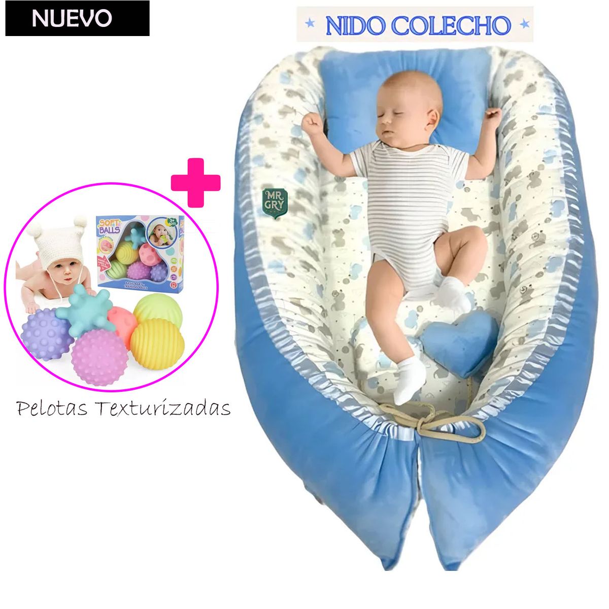 GENERICO - Nido Colecho para Bebe Azul +Pelotas Texturizadas 6 Pz