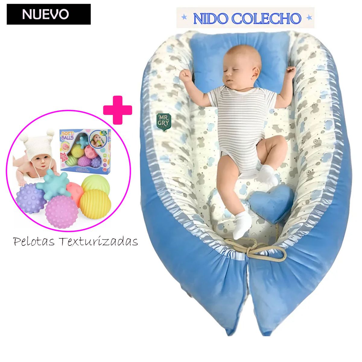 GENERICO - Nido Colecho para Bebe Azul +Pelotas Texturizadas 6 Pz