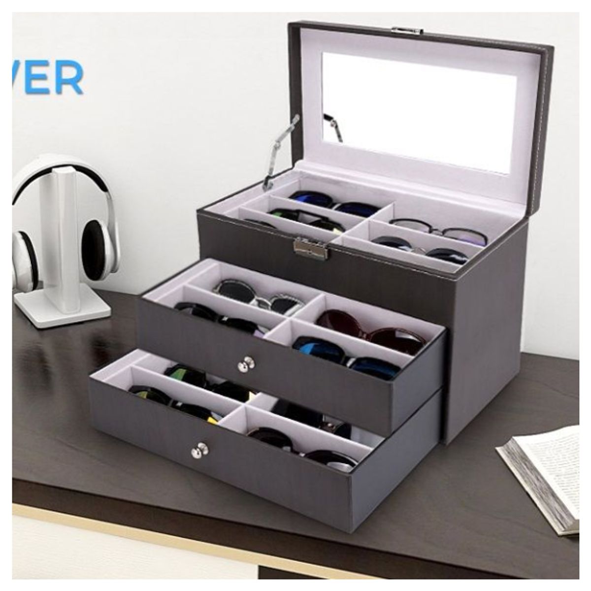 GENERICO - PORTA LENTES O GAFAS DE 18 COMPARTIMIENTOS DE CUERO PU CON INTERIOR TERCIOPELO 3 NIVELES ELEGANTE