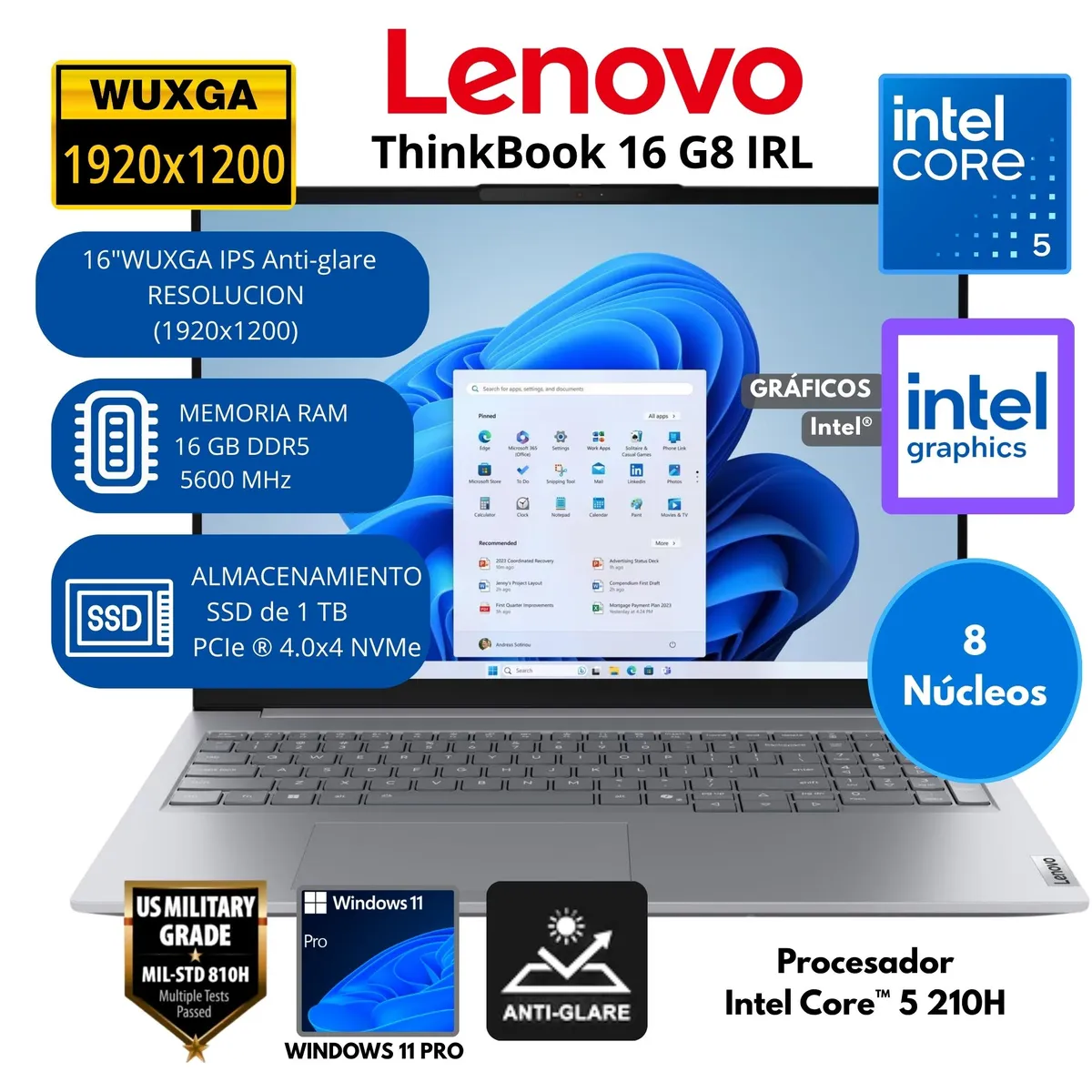 LENOVO - Laptop Lenovo ThinkBook Intel Core 5 RAM 16 GB SSD 1 TB 16"WUXGA Windows 11 PRO