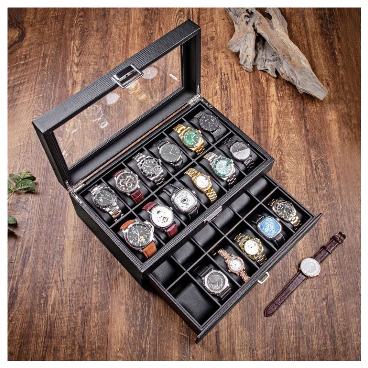 GENERICO - PORTA RELOJ DE MADERA PREMIUM PARA 24 UNIDADES - FIBRA DE CARBONO