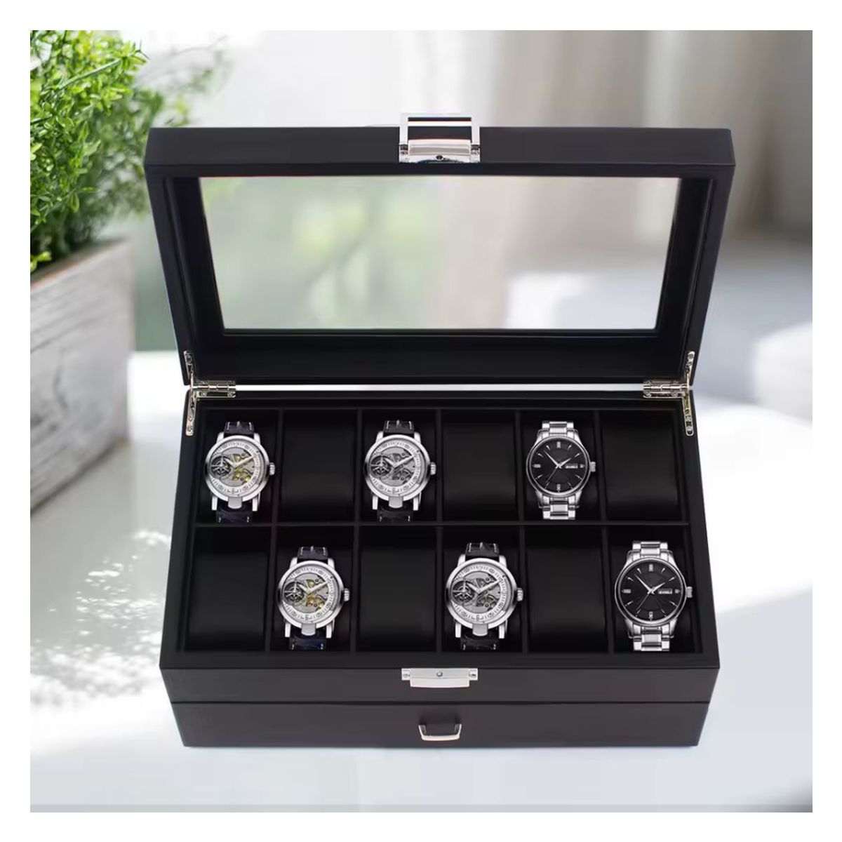 GENERICO - PORTA RELOJ DE MADERA PREMIUM PARA 24 UNIDADES - FIBRA DE CARBONO