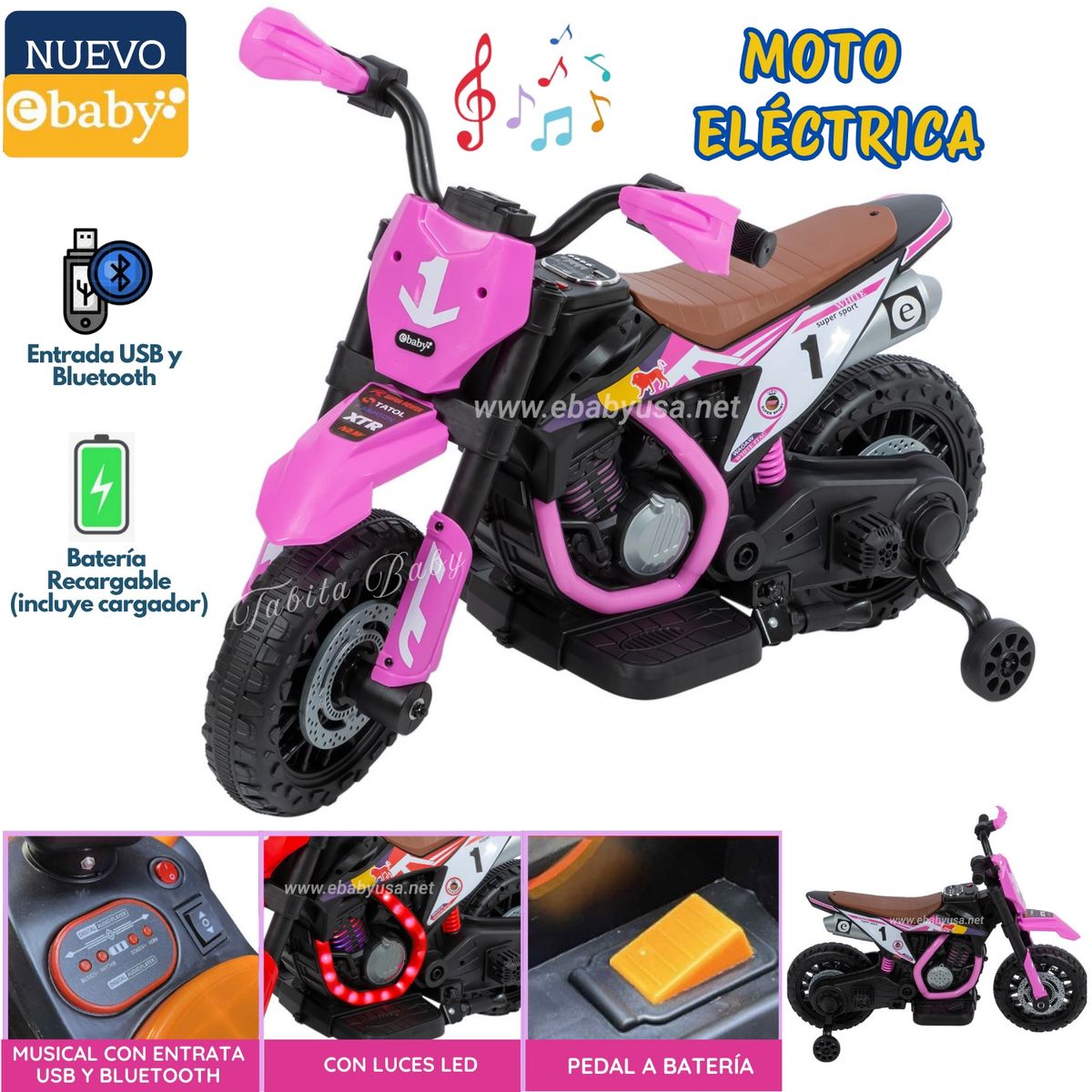 EBABY - Moto Eléctrica a Batería Musical y luces Rosado
