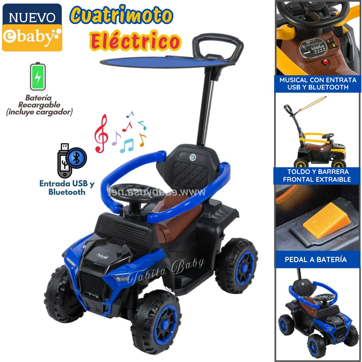 EBABY - Cuatrimoto a Batería Musical y con Luces para niños Azul