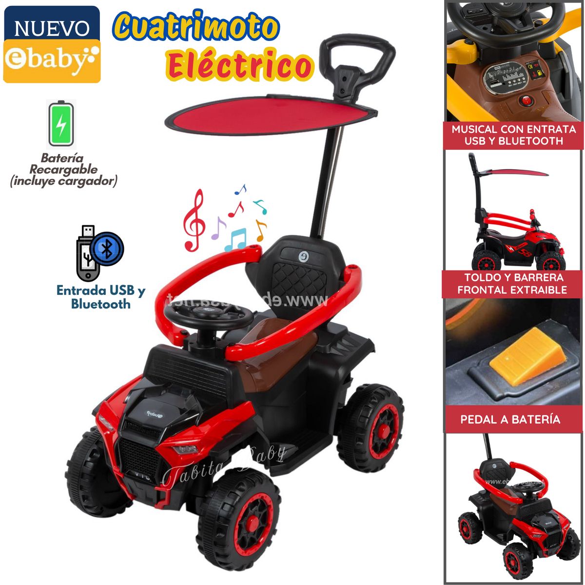 EBABY - Cuatrimoto a Batería Musical y con Luces para niños Rojo