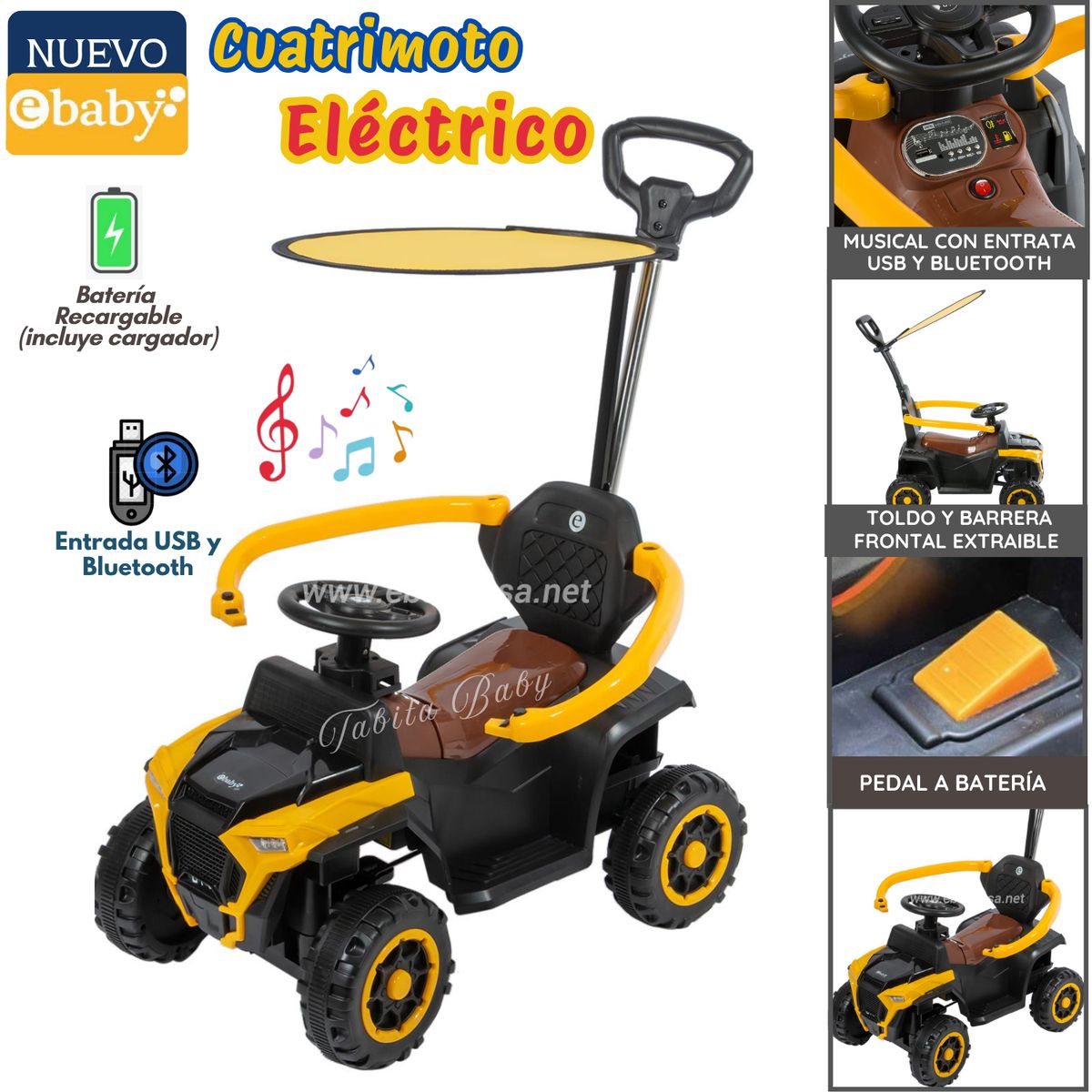 EBABY - Cuatrimoto a Batería Musical y con Luces para niños Amarillo