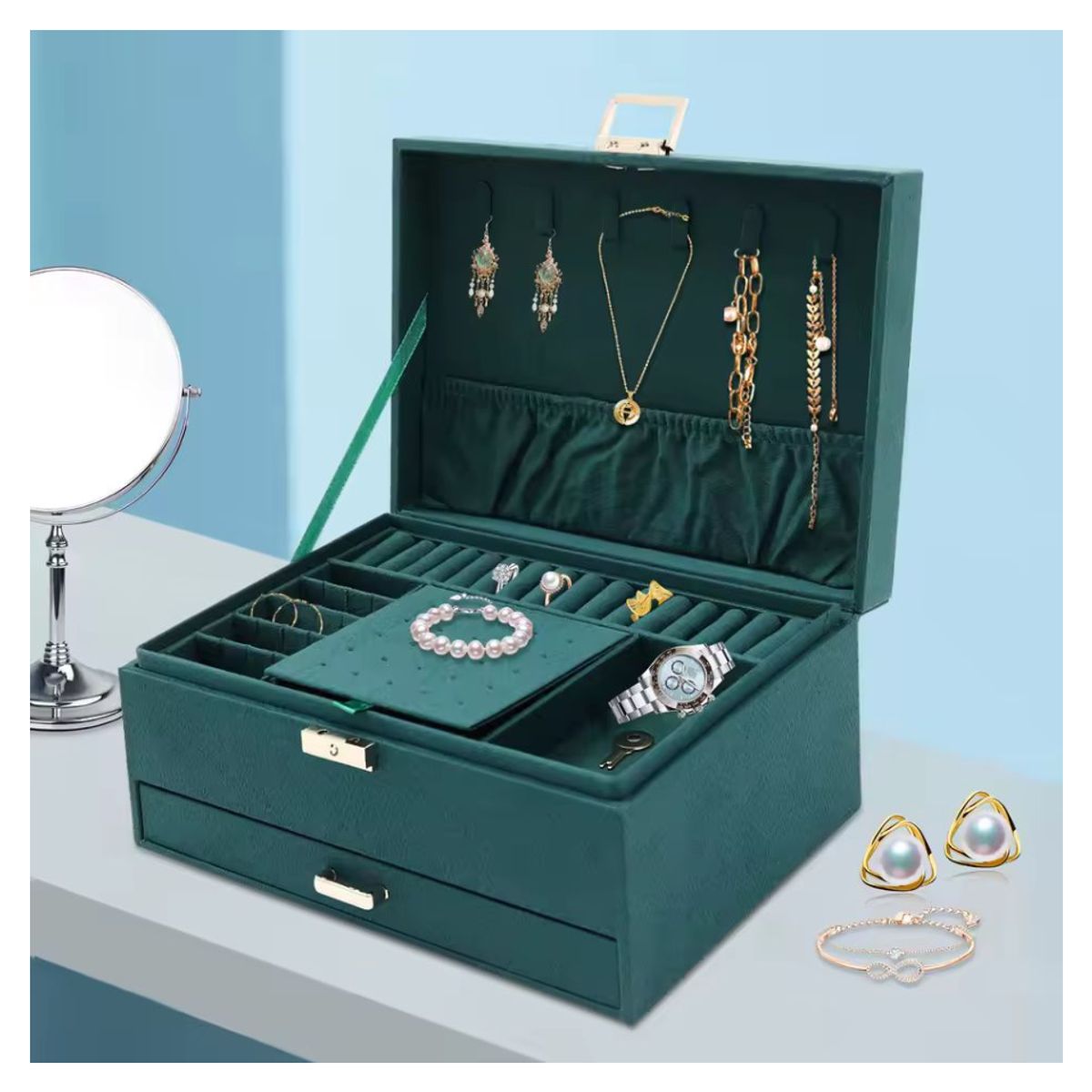 GENERICO - Joyero de 3 capas de gran capacidad de franela gamuza organizador de anillos pendientes y collares